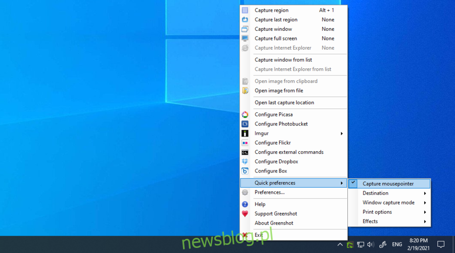 Windows 10 pokazuje ustawienia Greenshot
