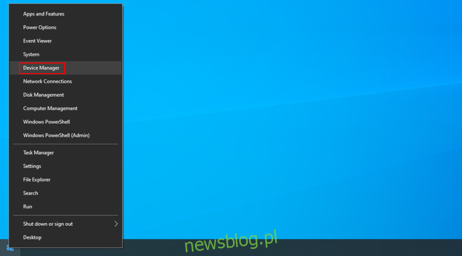 Windows 10 pokazuje, jak uzyskać dostęp do Menedżera urządzeń z menu Start po kliknięciu prawym przyciskiem myszy