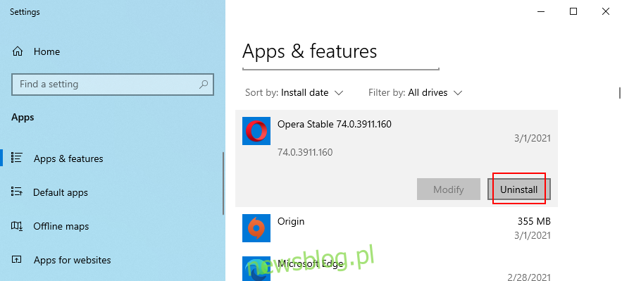 Windows 10 pokazuje, jak odinstalować program