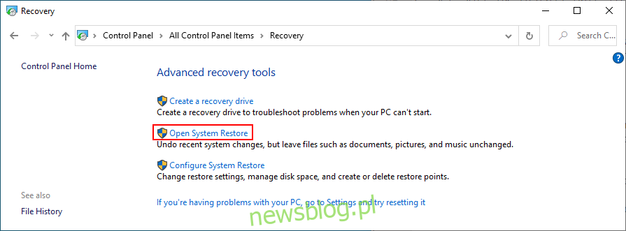 Windows 10 pokazuje, jak otworzyć Przywracanie systemu