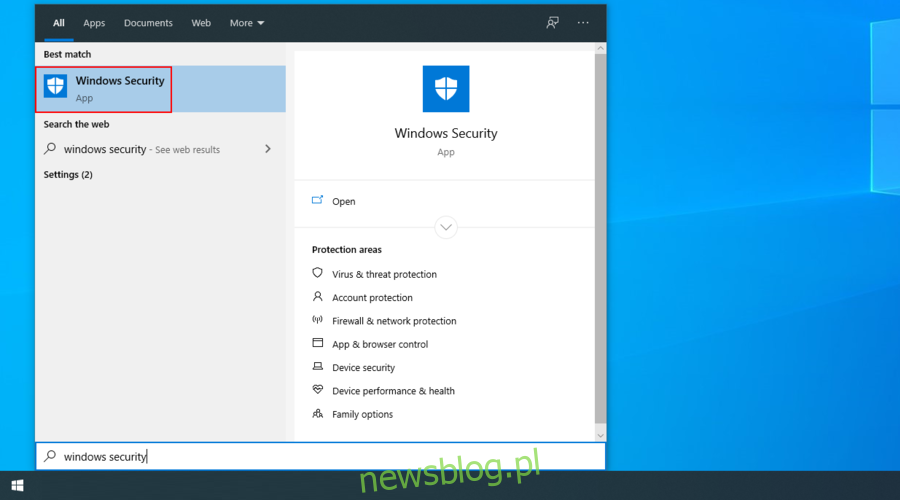 Windows 10 pokazuje, jak uzyskać dostęp do aplikacji Zabezpieczenia Windows