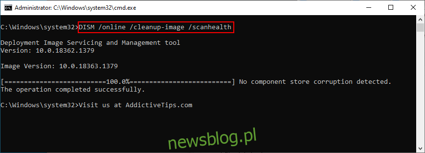 Windows 10 pokazuje, jak uruchomić DISM / online / cleanup-image / scanhealth w CMD