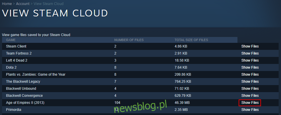 Steam Cloud pokazuje pliki gry