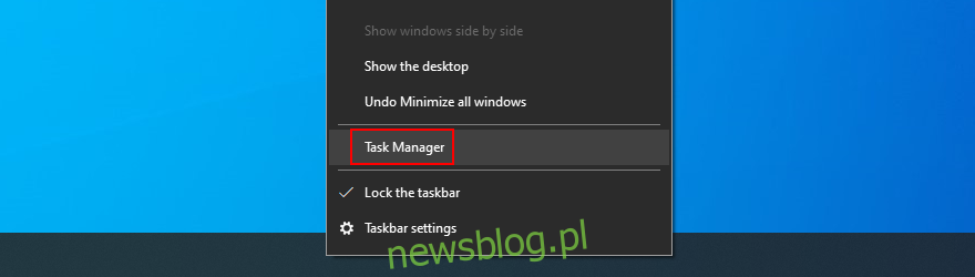 Windows 10 pokazuje, jak otworzyć Menedżera zadań z paska zadań