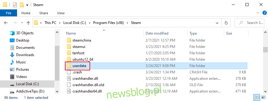 Steam wyświetla folder danych użytkownika
