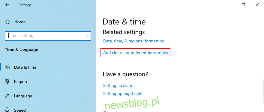 Windows 10 pokazuje, jak uzyskać dostęp do opcji dodawania zegarów dla różnych stref czasowych