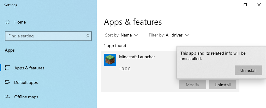 Windows 10 pokazuje, jak odinstalować program Minecraft Launcher