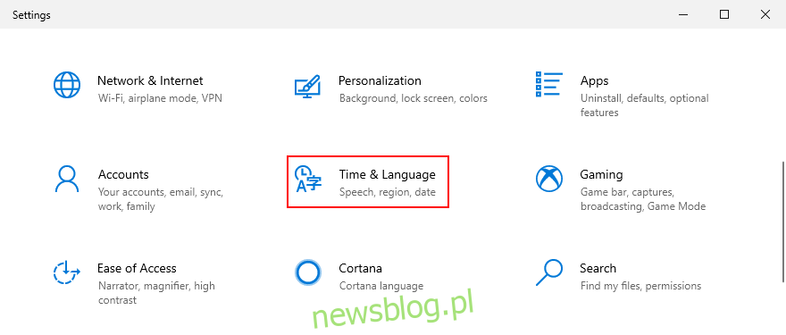 Windows 10 pokazuje, jak uzyskać dostęp do ustawień czasu i języka
