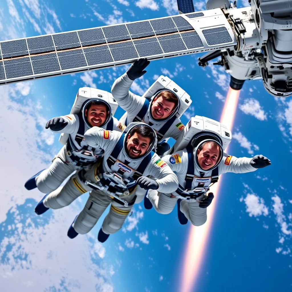 Grupa czterech astronautów w białych kombinezonach kosmicznych unosi się w przestrzeni kosmicznej na tle niebieskiego nieba z chmurami. Nad nimi widać fragment stacji kosmicznej z panelem słonecznym.