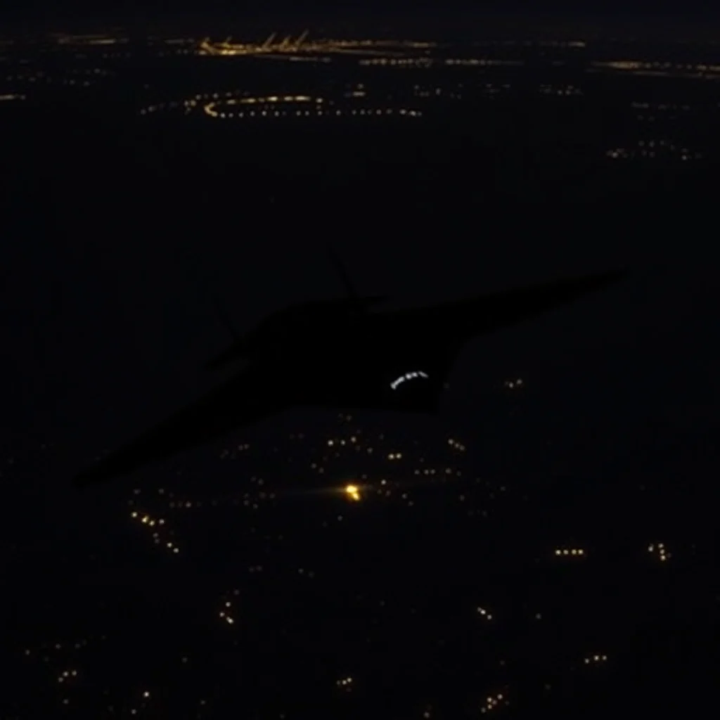 Sylwetka samolotu na tle nocnego nieba z widokiem na rozświetlone miasto.