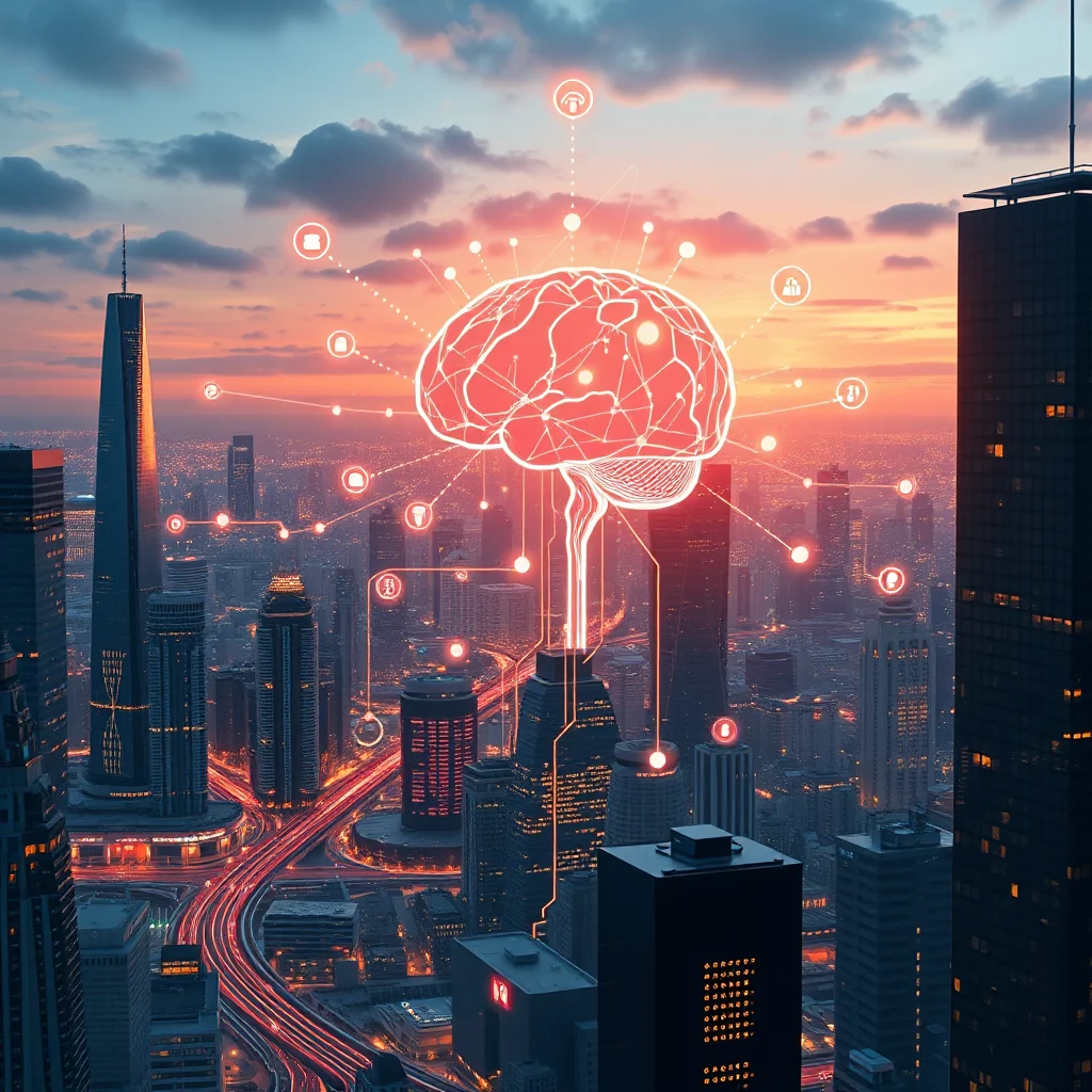 Ilustracja przedstawiająca futurystyczne miasto nocą, nad którym unosi się cyfrowy mózg otoczony świecącymi ikonami symbolizującymi dane i połączenia.