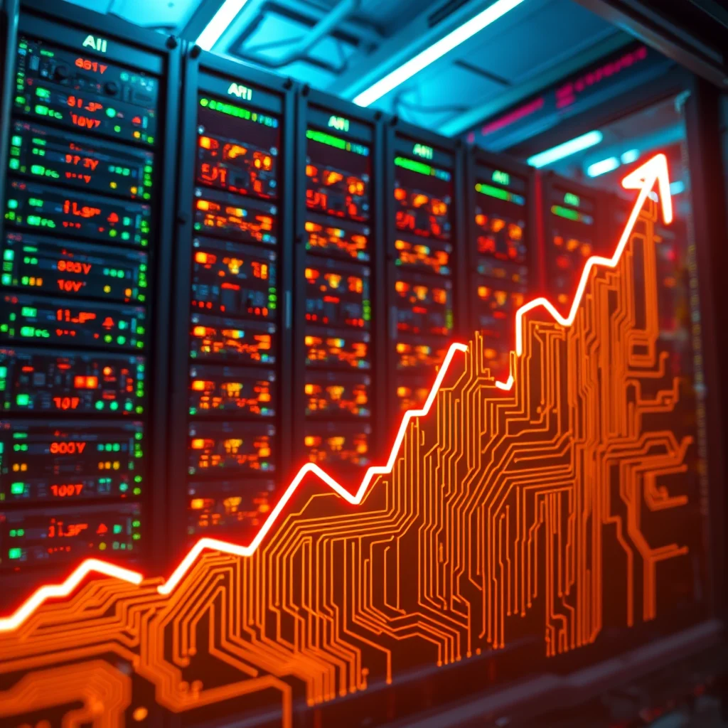 Neonowy wykres wzrostu z technologią i serwerownią jako tłem.