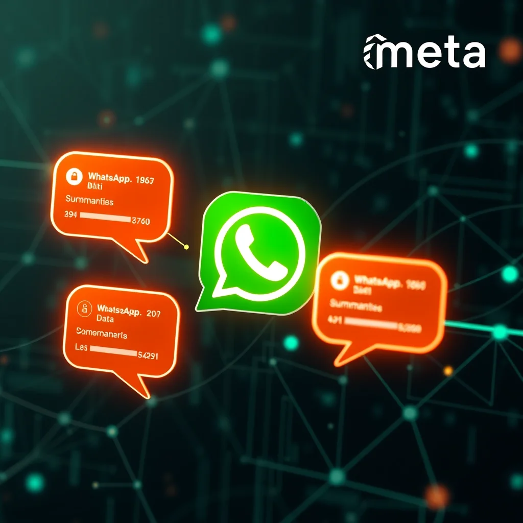 Grafika przedstawiająca ikonę WhatsApp na zielonym tle, otoczoną przez trzy dymki w kolorze pomarańczowym, które symbolizują powiadomienia z aplikacji. Na dymkach widnieją liczby i napisy, sugerujące statystyki lub dane. W prawym górnym rogu znajduje się logo Meta. Całość utrzymana jest w mrocznej kolorystyce z neonowymi, cyfrowymi elementami.
