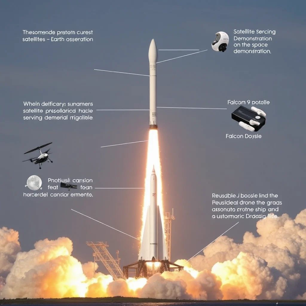 Zdjęcie rakiety Falcon 9 startującej z Ziemi, z dymem i płomieniami wydobywającymi się z silników. Rakieta jest skierowana w górę, a w tle widać chmury i niebo. Na zdjęciu znajdują się również etykiety opisujące różne części rakiety i misji.