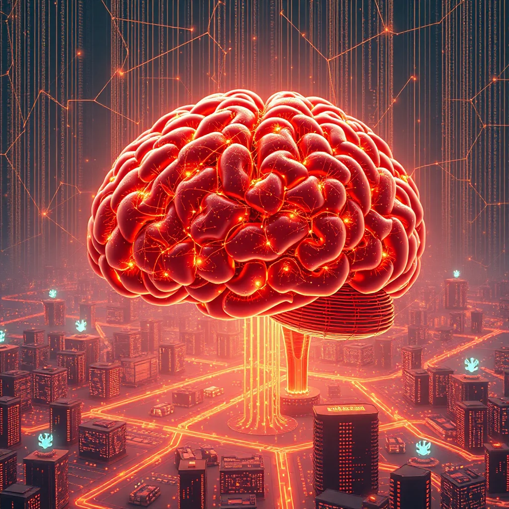 Sztuczna inteligencja w postaci czerwonego, świecącego mózgu górującego nad futurystycznym, neonowym miastem, symbolizująca połączenie technologii i ludzkiej wiedzy.