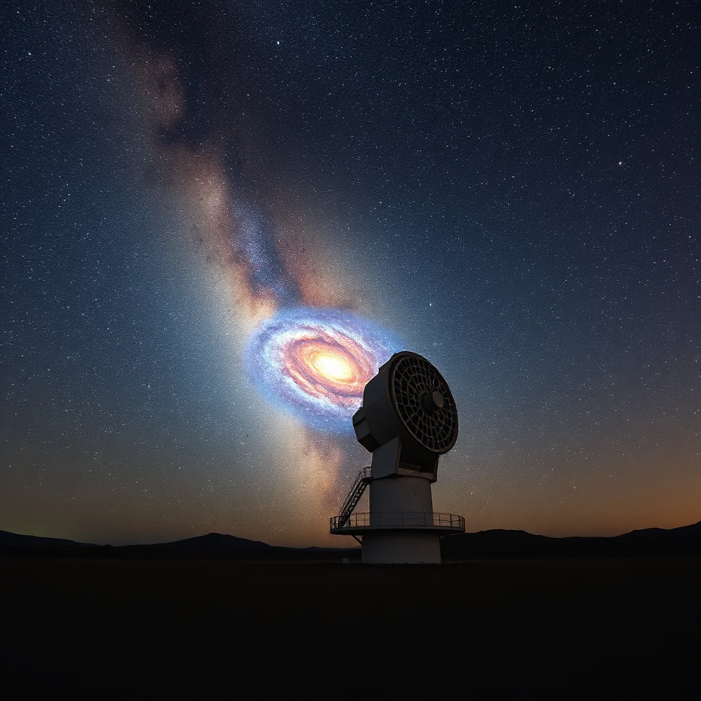 Obraz przedstawia astronomiczny teleskop pod nocnym niebem, na tle Drogi Mlecznej i spiralnej galaktyki.