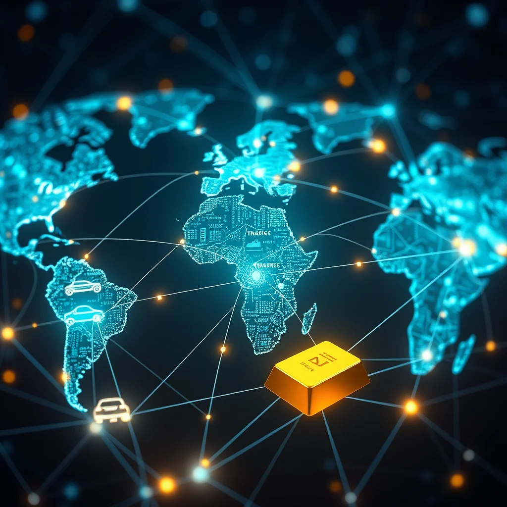 Cyfrowa mapa świata z połączonymi kontynentami, symbolizująca globalną sieć. Na kontynencie południowoamerykańskim widnieją trzy stylizowane samochody, a na kontynencie afrykańskim napis "IMAGINE" wraz z innymi słowami. Obok Afryki znajduje się złota sztabka z symbolem "Au".