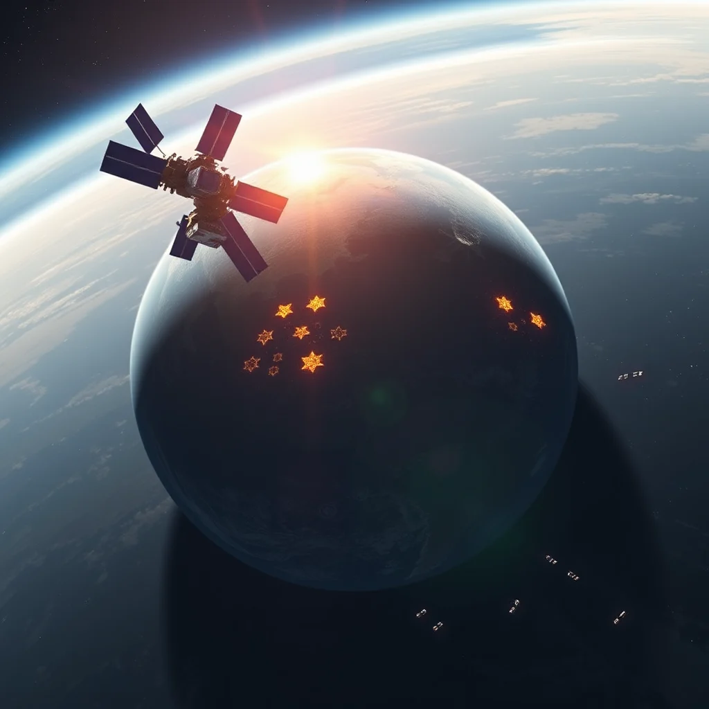 Satelita w kosmosie zapatrzony w planetę z jasnymi, gwieździstymi światłami na powierzchni i innymi statkami kosmicznymi w oddali.