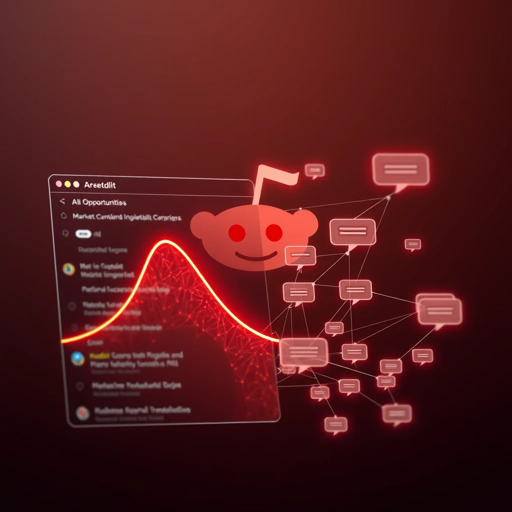 Grafika przedstawia ikonę Reddit i jego popularny motyw użytkownika na czerwonym tle. Po lewej stronie znajduje się okno, które wygląda jak interfejs użytkownika, z listą tematów i wykresem w kształcie dzwonu, który sugeruje trendy lub dane. Po prawej stronie znajduje się sieć połączonych ze sobą okien dialogowych, które mogą symbolizować dyskusje lub komunikację online. Ogólny styl grafiki jest nowoczesny i minimalistyczny, zdominowany przez czerwony kolor.