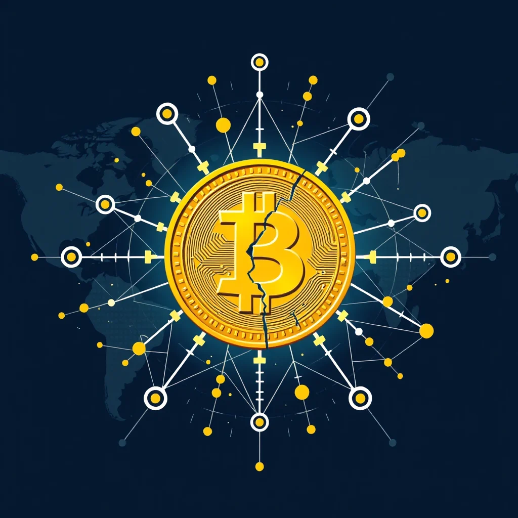 Złoty, pęknięty symbol Bitcoina otoczony siecią białych linii i żółtych kropek na tle ciemnoniebieskiej mapy świata.