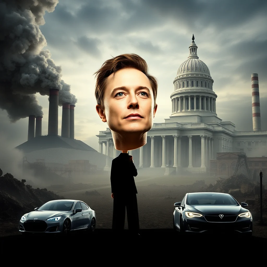 Olbrzymia głowa Elona Muska na tle Kapitolu i fabryk emitujących dym. Obok stoją dwa samochody Tesla.