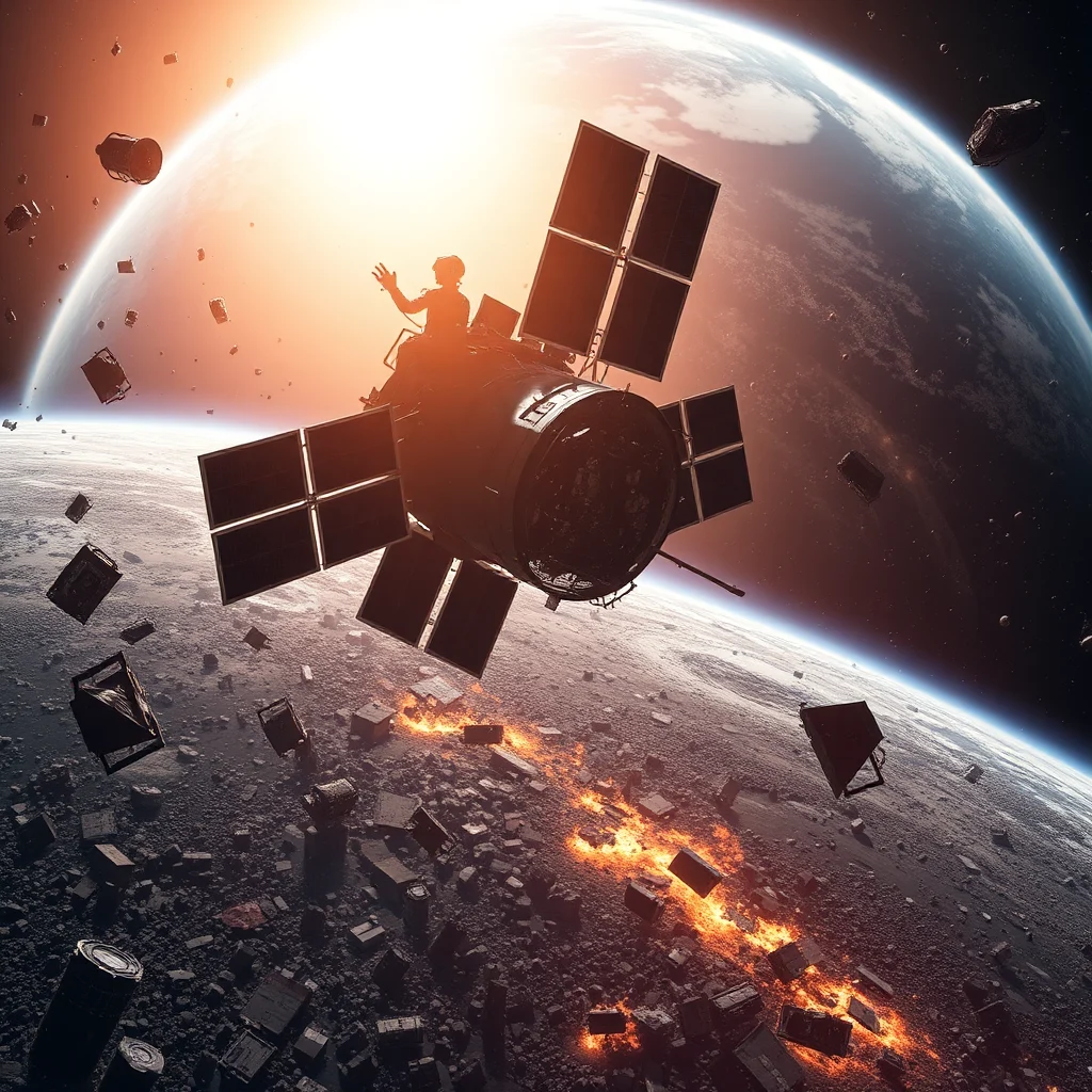Satelita dryfuje w przestrzeni kosmicznej nad Ziemią, otoczony kosmicznymi śmieciami, z sylwetką człowieka siedzącego na górze satelity i machającego.