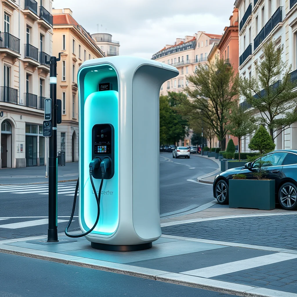 Nowoczesna, biała stacja ładowania pojazdów elektrycznych świecąca na niebiesko, stojąca na chodniku przy ulicy miejskiej, z czarnym samochodem podłączonym do ładowania w tle.