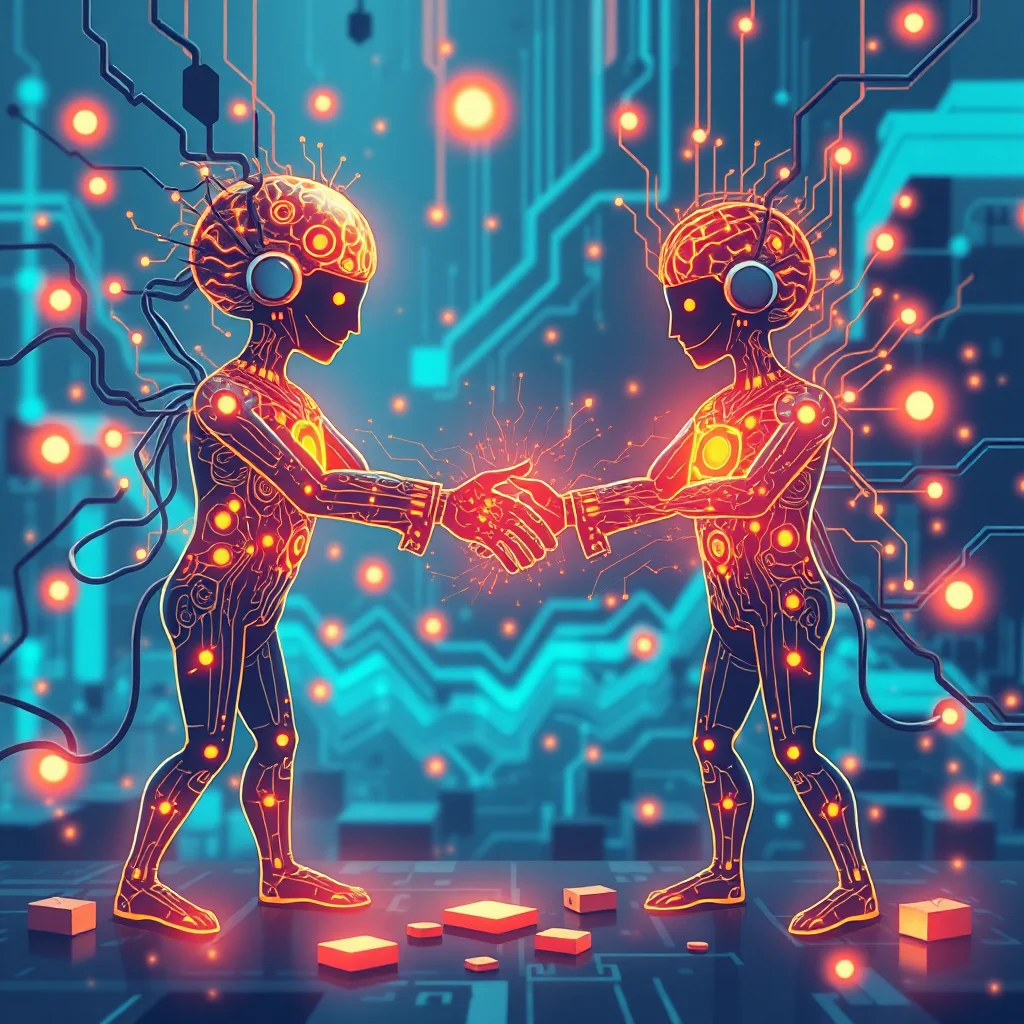 Dwoje humanoidalnych robotów, pokrytych świecącymi na pomarańczowo obwodami, podaje sobie ręce na tle schematu obwodów drukowanych w kolorze niebieskim.