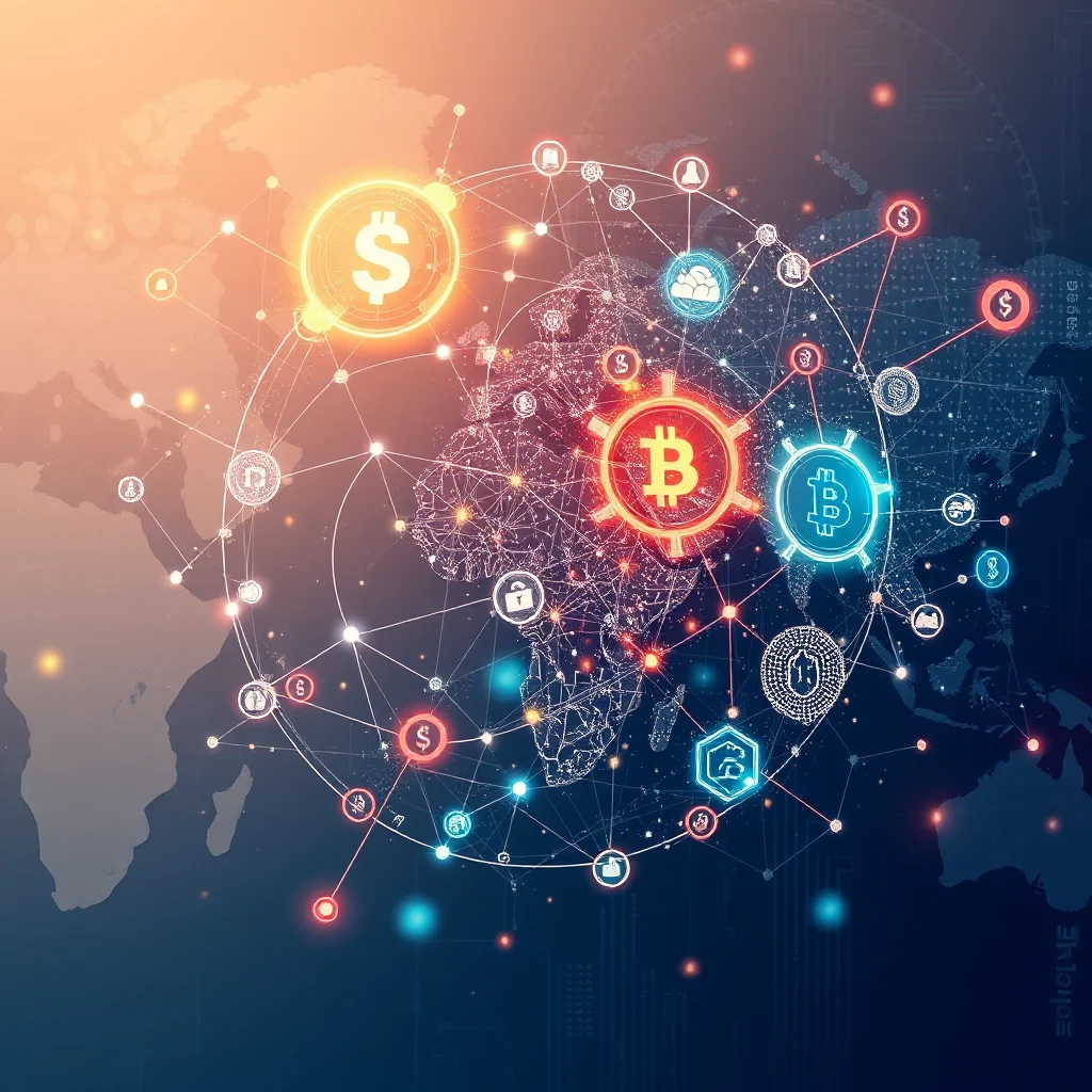 Cyfrowa mapa świata z połączonymi ikonami symbolizującymi kryptowaluty, takie jak Bitcoin, oraz waluty fiducjarne, takie jak dolar, wraz z ikonami blokady i użytkowników, przedstawiająca globalną sieć finansową.