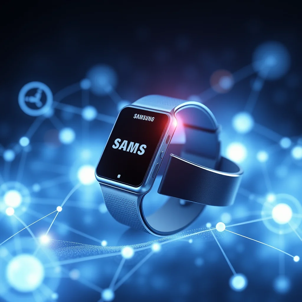 Srebrny smartwatch Samsung z napisem "SAMS" na ekranie, otoczony niebieskim, cyfrowym tłem z rozmytymi światłami i liniami łączącymi punkty.