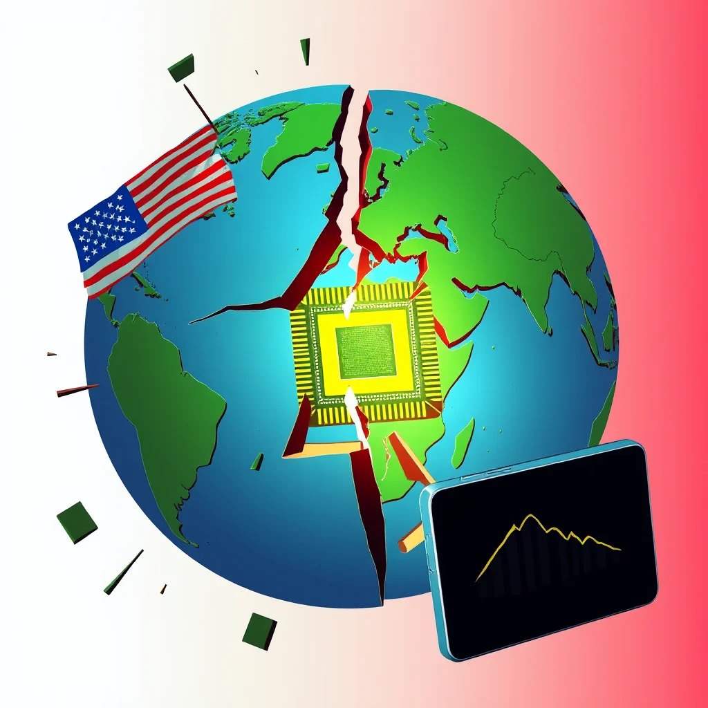 Ilustracja symbolizująca pękniętą kulę ziemską z procesorem w środku, z flagą USA po lewej stronie i smartfonem z wykresem po prawej.