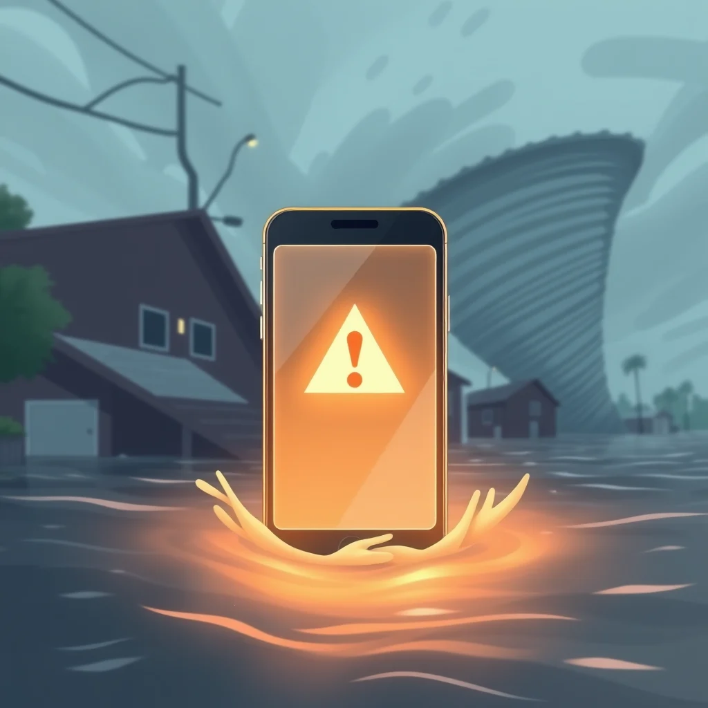 Telefon komórkowy wyświetlający żółty trójkąt z wykrzyknikiem, stojący w wodzie na tle domu i tornada.