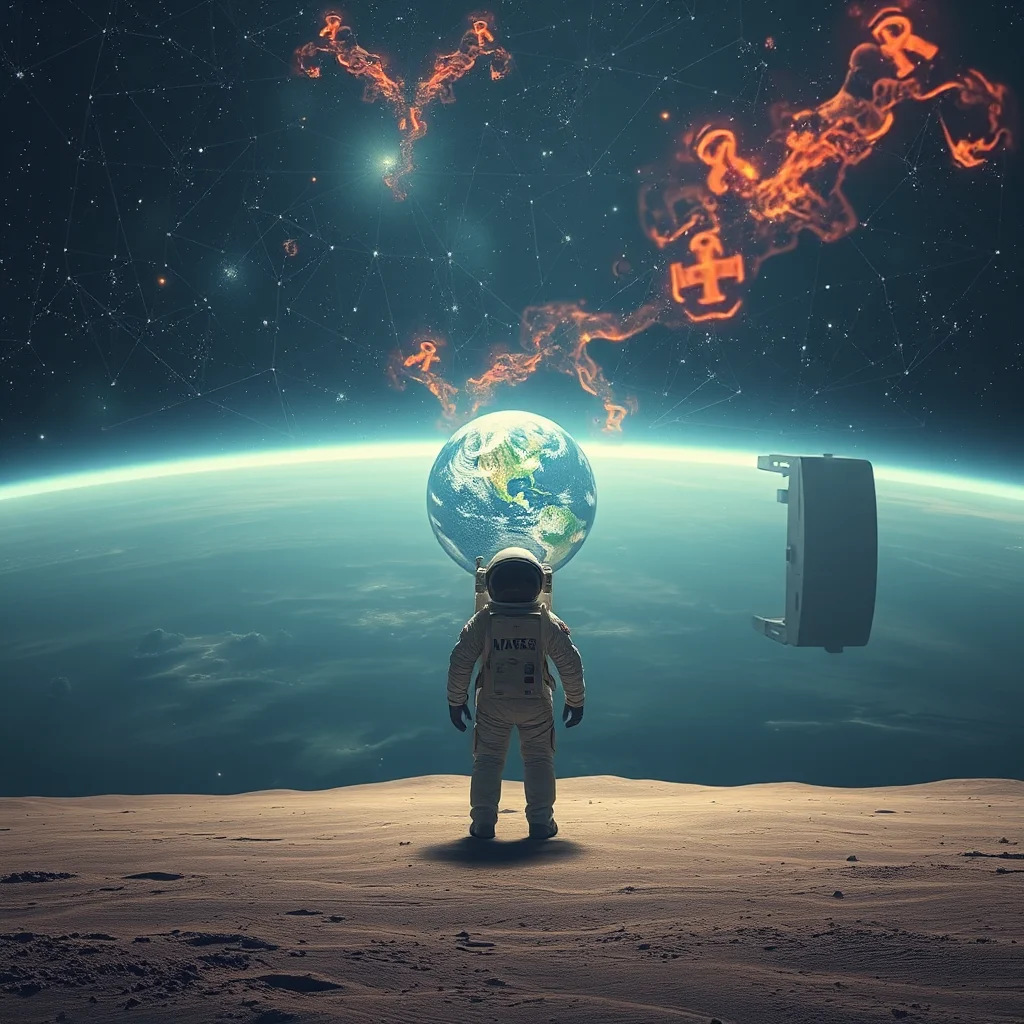Astronauta stojący na powierzchni księżyca trzyma w górze model Ziemi, na tle rozgwieżdżonego nieba z ognistymi smugami i dryfującym elementem statku kosmicznego.