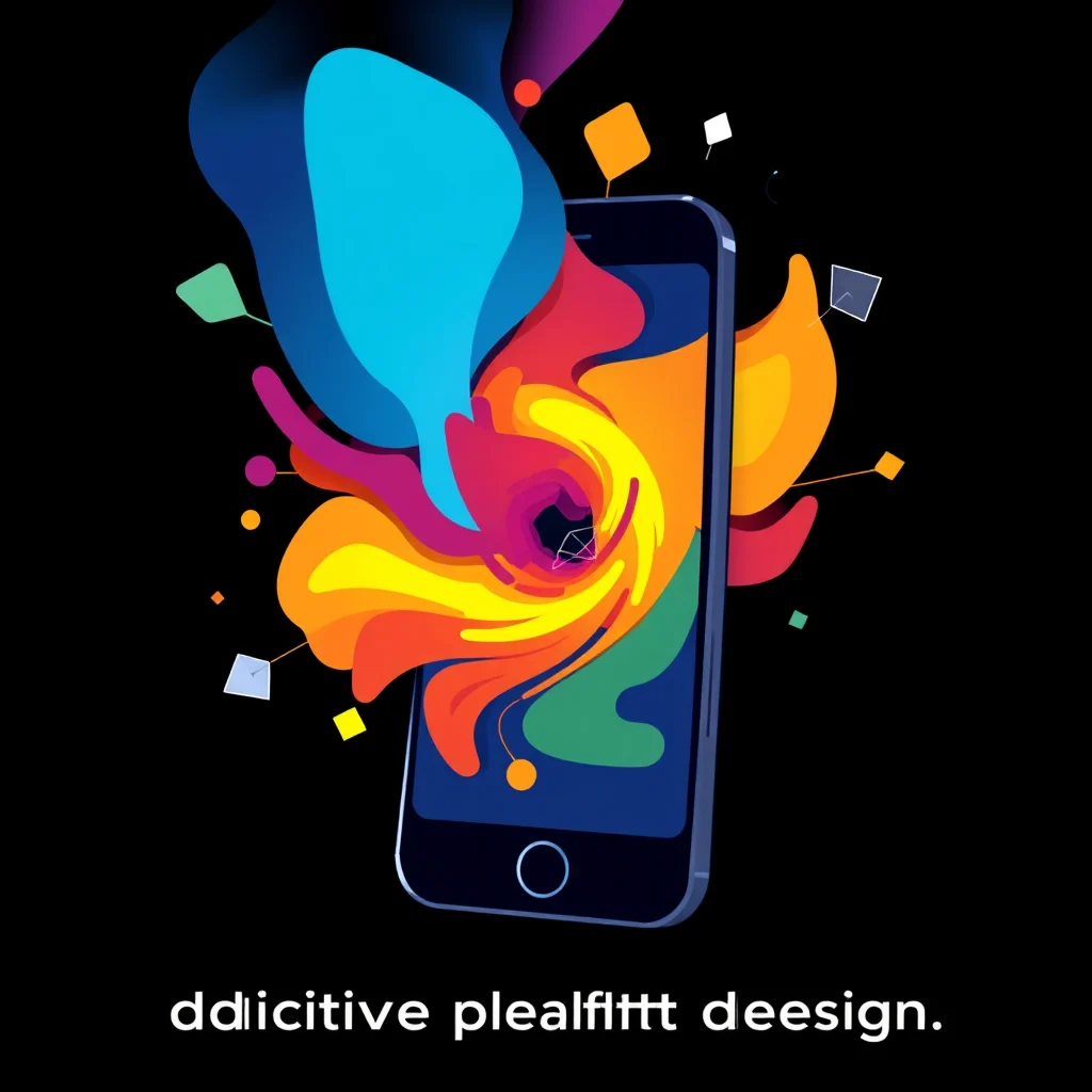 Grafika przedstawia smartfon otoczony eksplozją kolorowych, płynnych kształtów na czarnym tle.