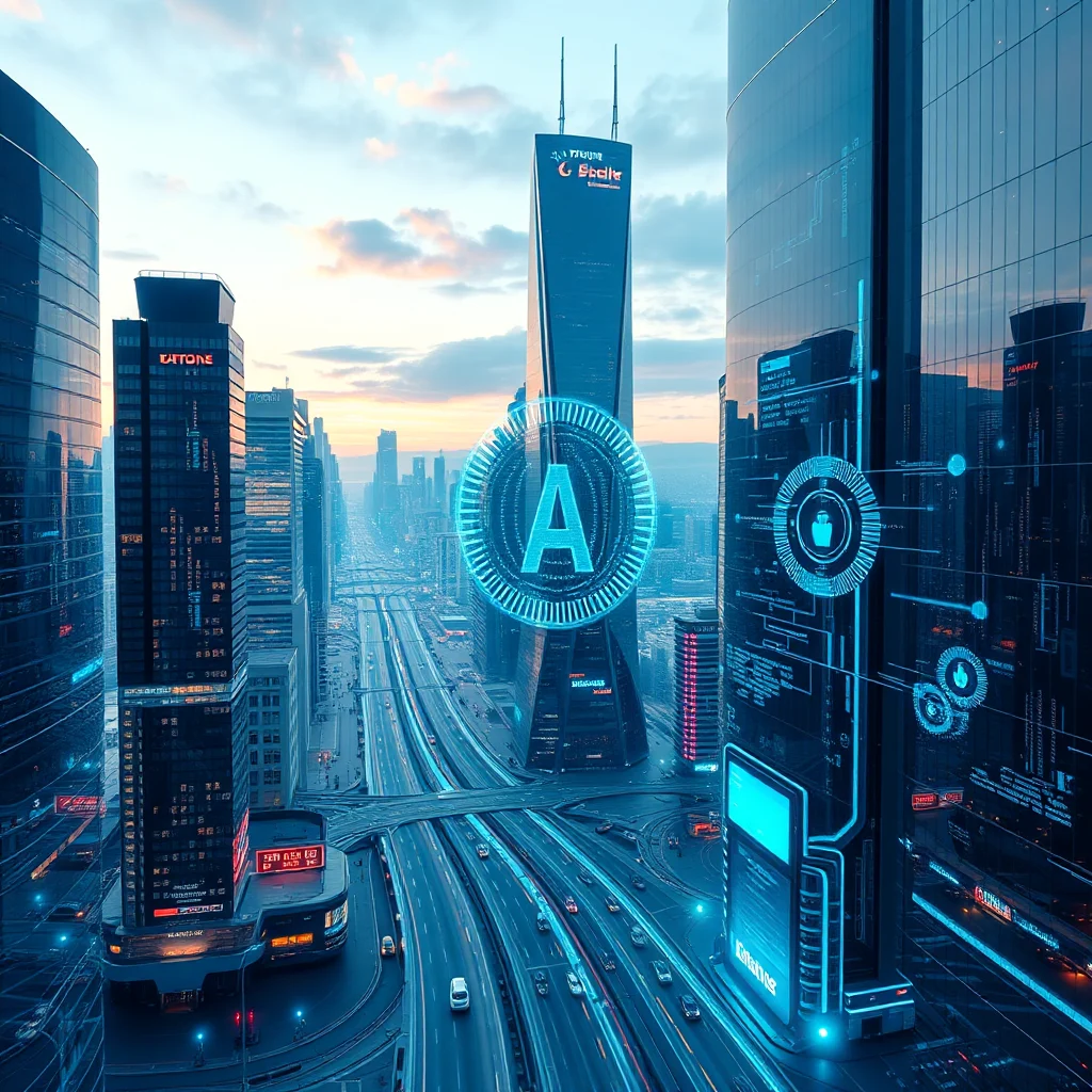 Futurystyczne miasto z wieżowcami z neonowymi światłami i autostradą pełną samochodów, z holograficznym logo "A" unoszącym się w powietrzu.