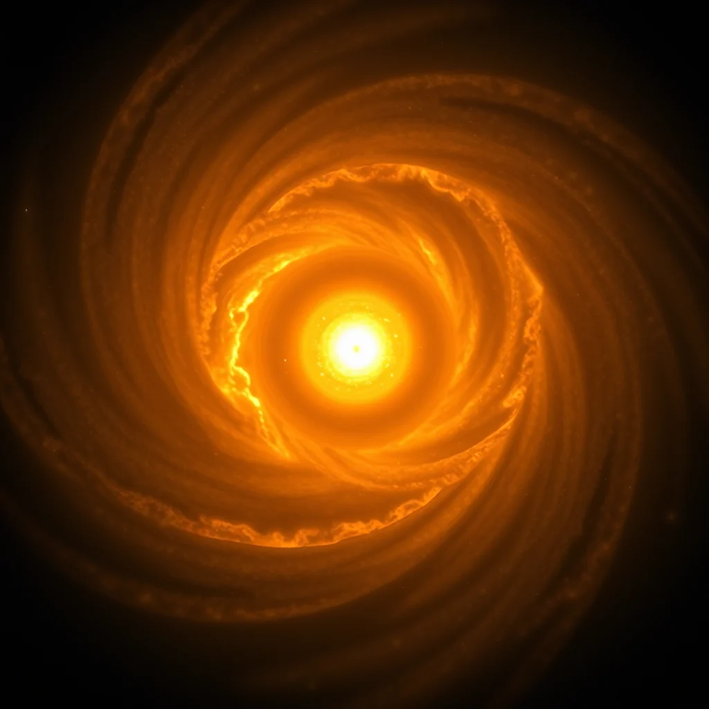 Jasna, spiralna mgławica o ciepłych, pomarańczowych barwach na czarnym tle.