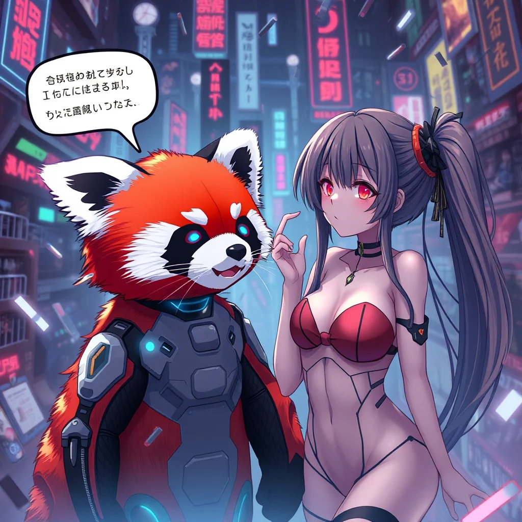 Anime postać z czerwonym futrem, przypominająca lisa, w zaawansowanym technologicznie kombinezonie, stojąca obok młodej kobiety z długimi, szarymi włosami, ubranej w czerwony strój kąpielowy, na tle neonowego, cyberpunkowego miasta.