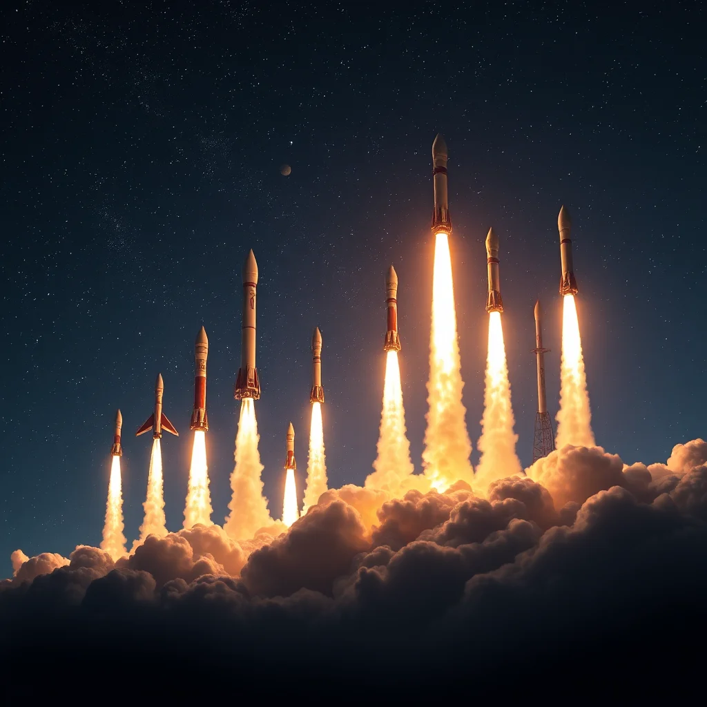 Grupa rakiet startujących w kosmos na tle gwieździstego nocnego nieba.
