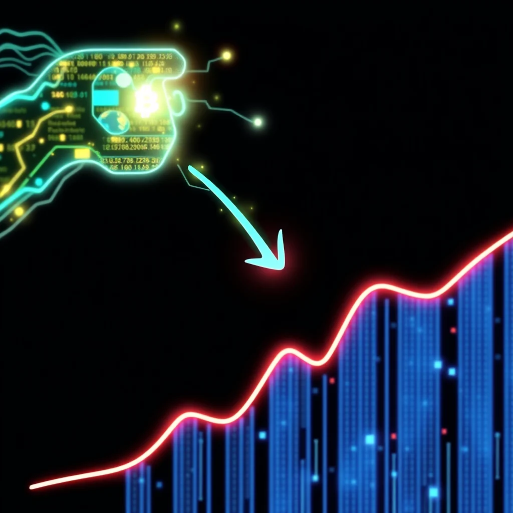 Graficzne przedstawienie spadku danych finansowych lub technologicznych z podświetlonymi neonowymi liniami.