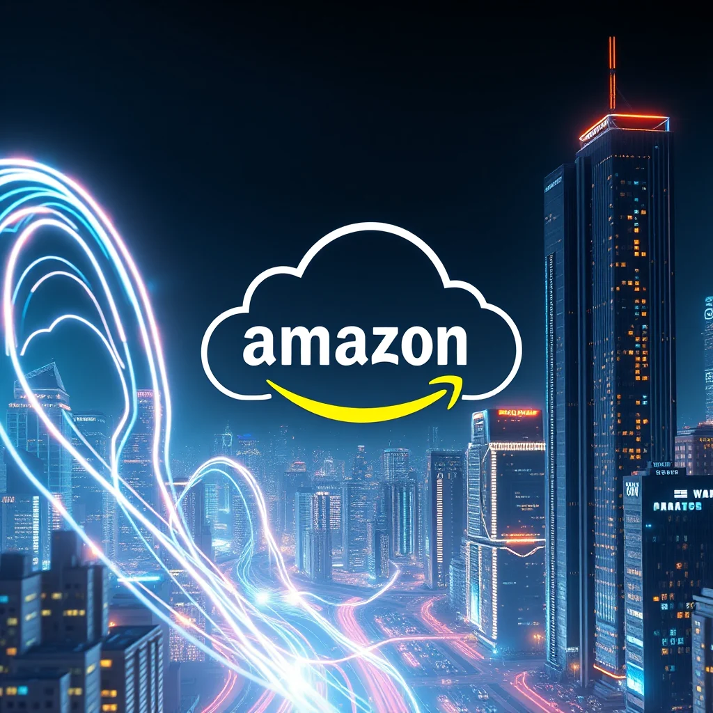 Nocny widok miasta z błyskającymi światłami i logo Amazon w kształcie chmury.