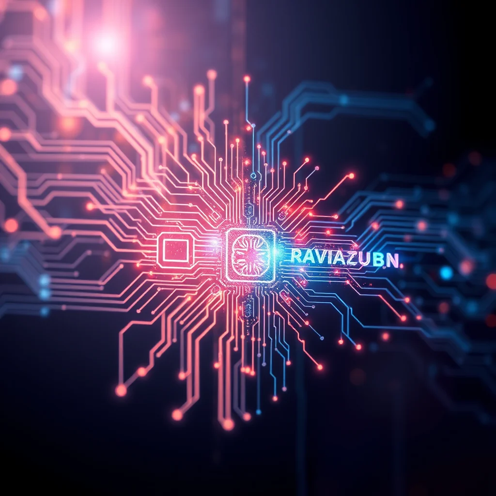 Elektroniczny układ scalony w formie serca z neonowymi żyłkami i technologią cyfrowego obwodu, z napisem "RAVIAZUBIN" po prawej stronie.