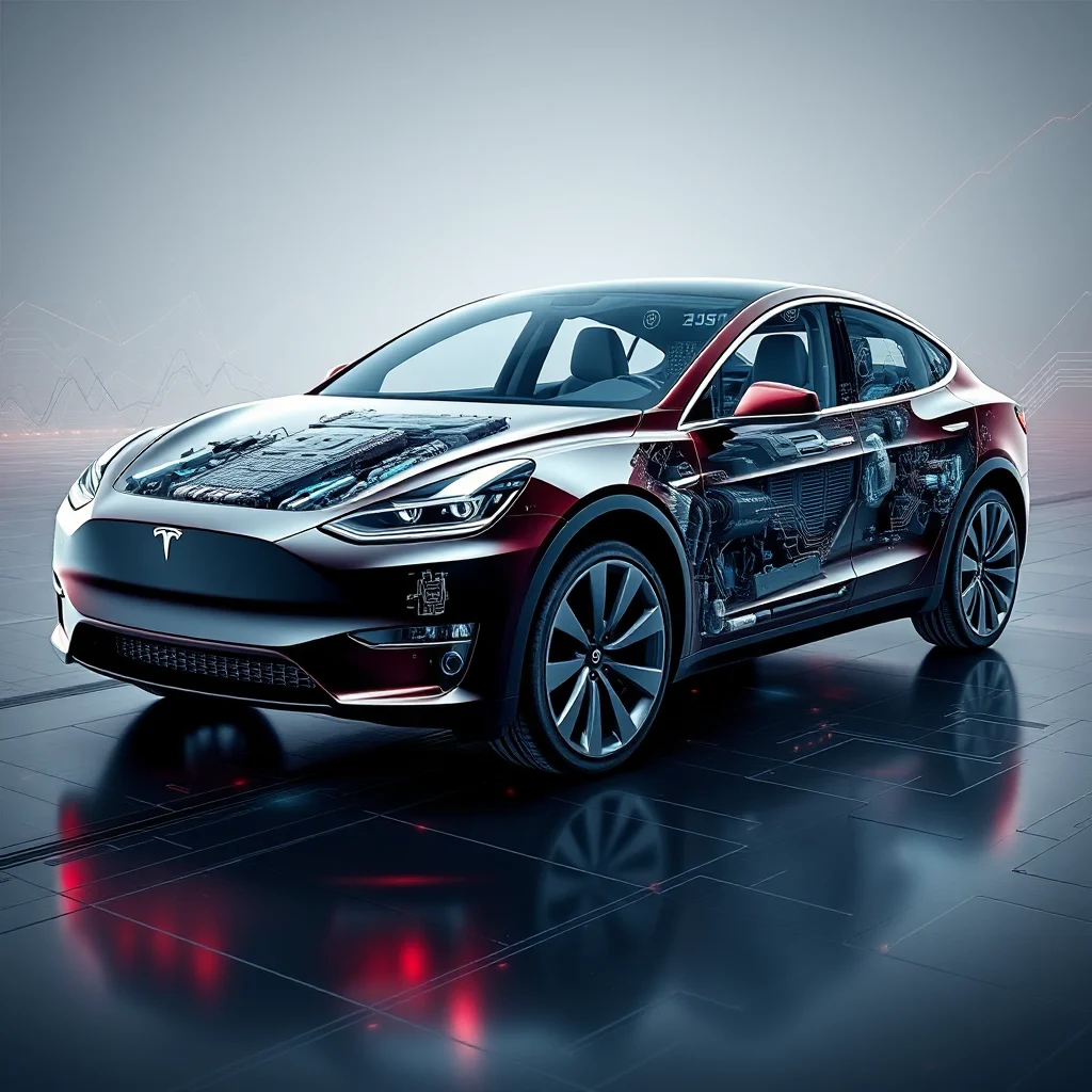 Przekrój Tesli Model 3 ukazujący jej wewnętrzne mechanizmy, silnik elektryczny i elektronikę pokładową, umieszczony na błyszczącej czarnej powierzchni z odbiciami i cyfrowymi wykresami w tle.