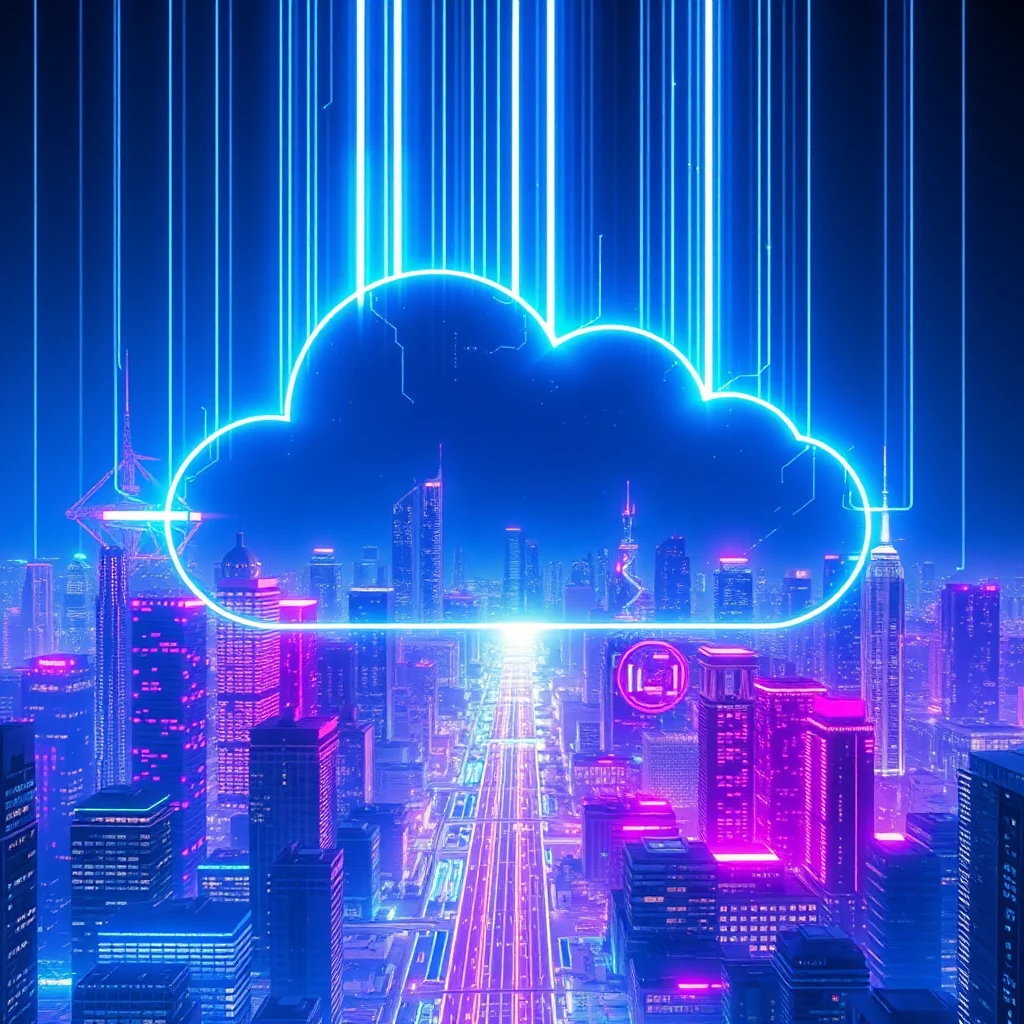 Neonowa chmura nad cyberpunkowym miastem z różowymi i niebieskimi światłami.