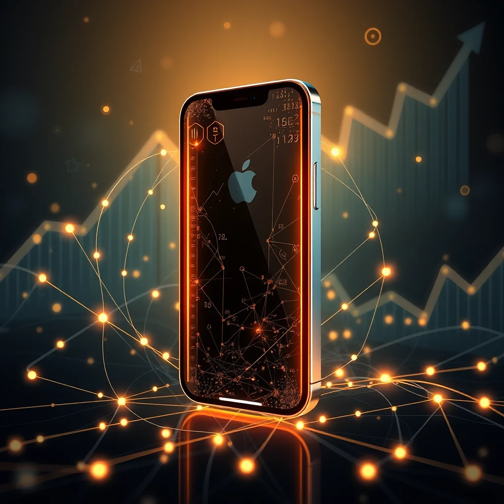 Ilustracja przedstawiająca smartfon z logo Apple otoczony przez połączone punkty i linie, na tle wykresu słupkowego z rosnącą linią trendu i podświetlonymi krawędziami, w ciemnej kolorystyce z dominującymi kolorami pomarańczowym i złotym.