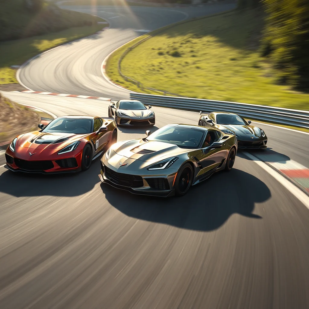 Cztery samochody Chevrolet Corvette ścigają się po torze wyścigowym Nürburgring w słoneczny dzień.