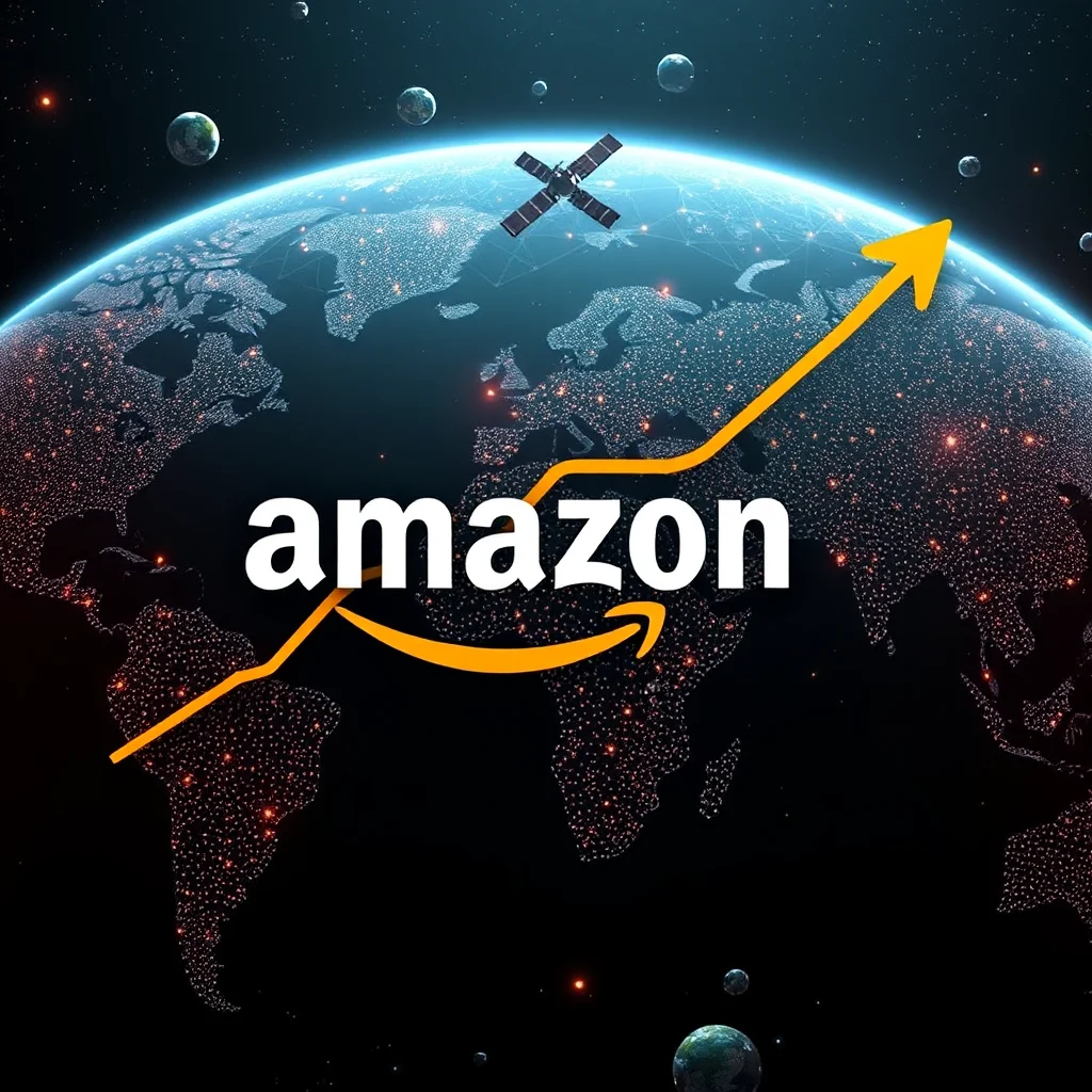 Logo Amazon z żółtą strzałką wzrostu, na tle kuli ziemskiej oświetlonej przez liczne światła miast i satelitę w przestrzeni kosmicznej.
