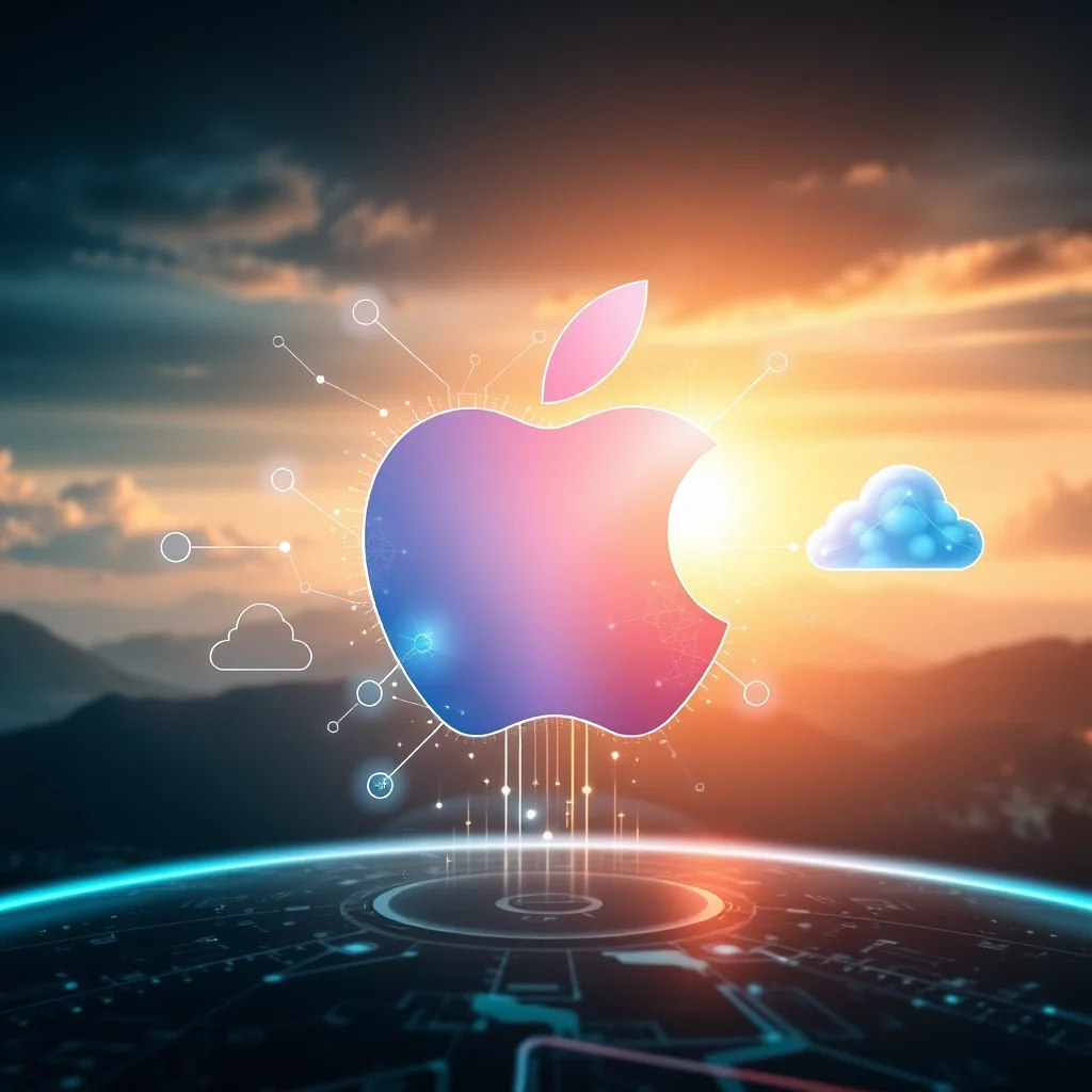 Jabłko Apple z gradientem kolorów, otoczone wirtualnymi liniami i ikonami chmur, na tle zachodzącego słońca nad górami, z elementami futurystycznej technologii na pierwszym planie.