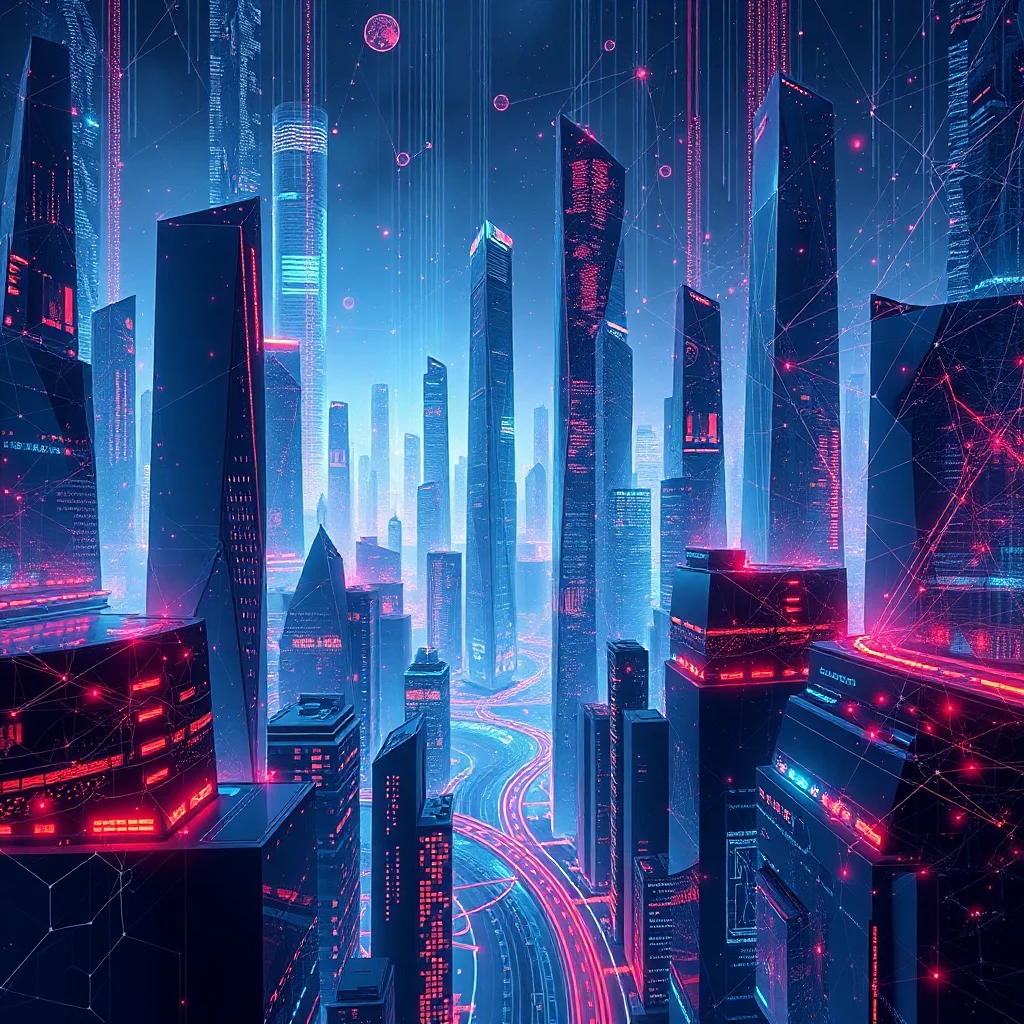 Futurystyczna metropolia z neonowymi, drapaczami chmur w kolorach niebieskim i różowym, oświetlonymi ulicami i sieciami połączeń.