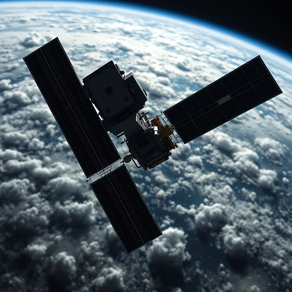 Satelita krążący nad Ziemią z panelem słonecznym.