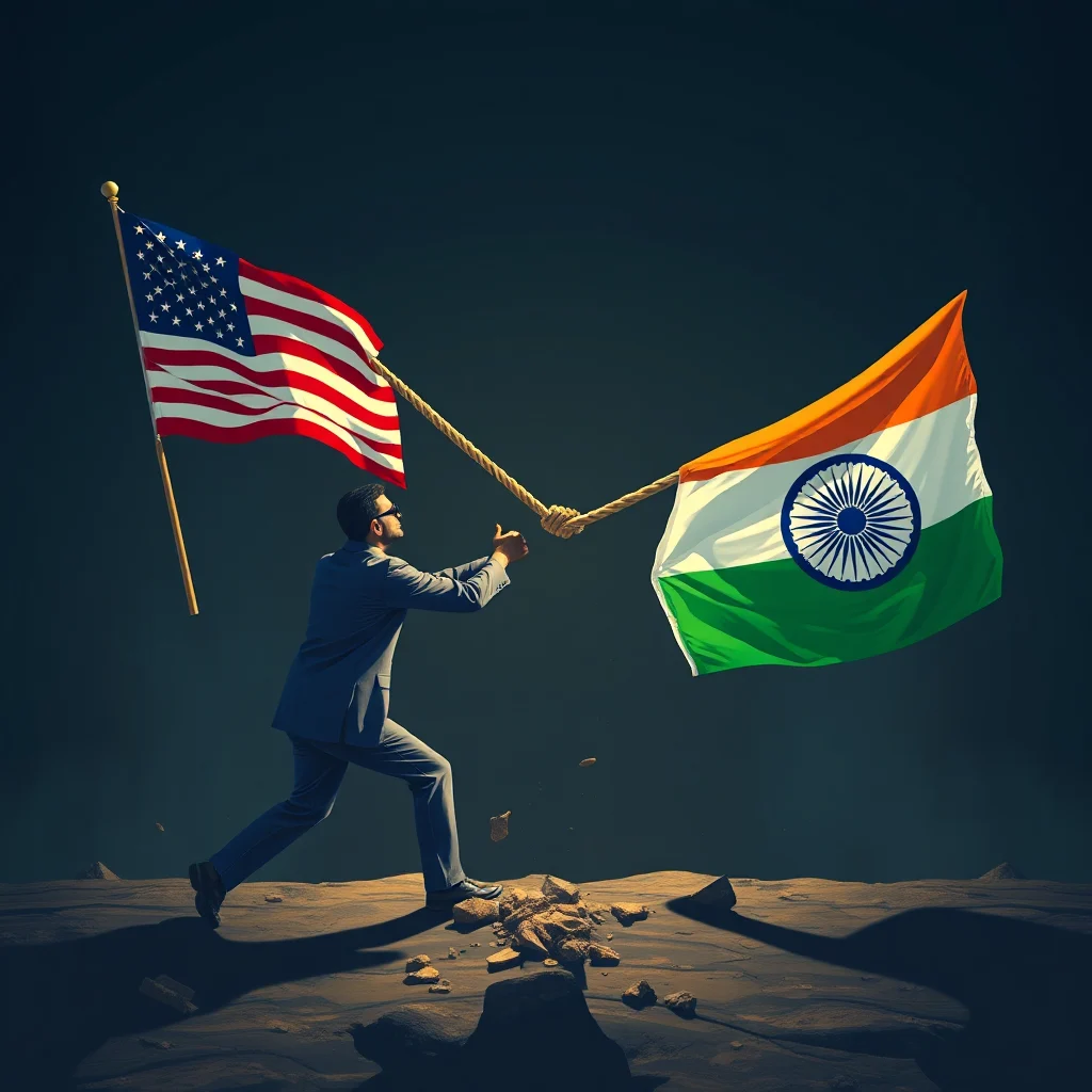 Mężczyzna w garniturze ciągnie za linę łączącą flagę USA i flagę Indii, stojąc na skalistym terenie.